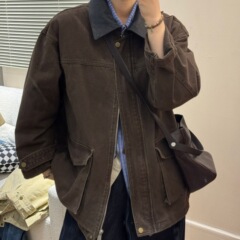 日韩系简约大气百搭撞色翻领外套男女早秋宽松短款工装夹克风衣