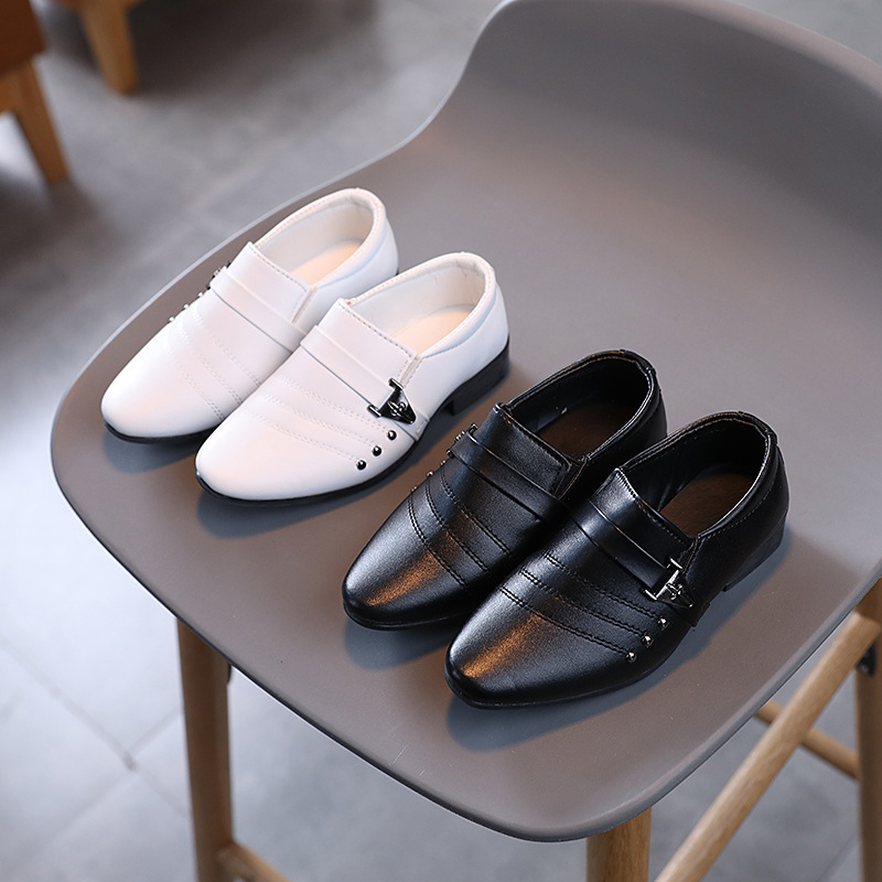 Boys' Black Leather Shoes, British Style, Boys' White Formal Performance Shoes, School Student Shoes, Versatile, Wear-Resistant for Young Children