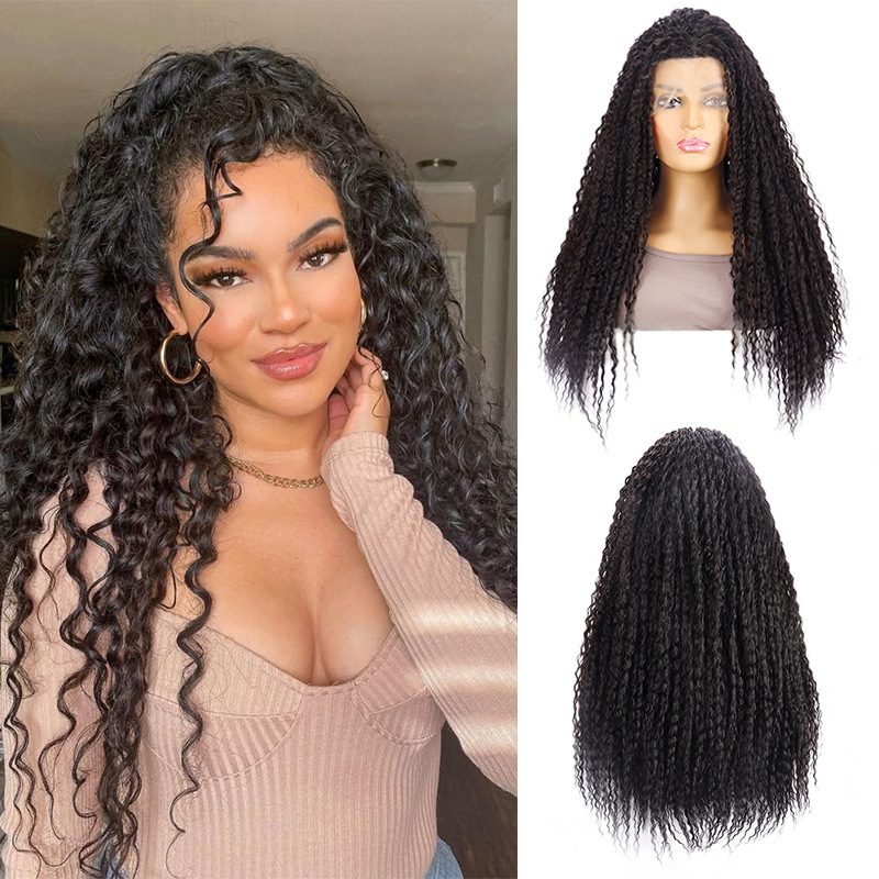 Foreign trade African wig 360 full lace chemical fiber headgear black small long curly wig Xuchang factory wig