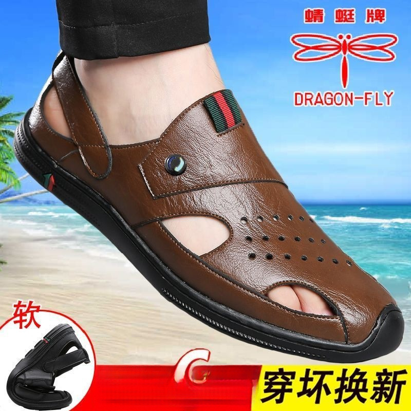Dragonfly Brand Men's Sandals, Summer Genuine Leather Breathable Closed-Toe Perforated Shoes, Soft Sole Casual Driving Hollow-Out Leather Shoes for Men