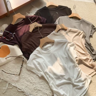莱赛尔天丝短袖上衣女夏季轻薄褶皱收腰正肩连袖t恤修身打底衫