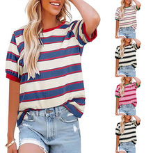 亚马逊Tiktoktemu2025新款欧美跨境女装条纹时尚休闲宽松圆领T恤