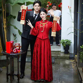 好质量中式复古喜庆立领唐装盘扣婚庆重工提花上衣改良新娘妆套装