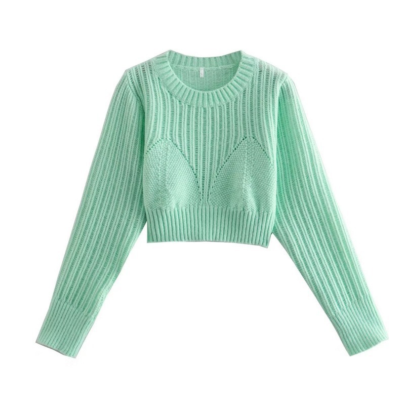 Round neck loose hollow long sleeve knitted crop sweater NSXDX135747