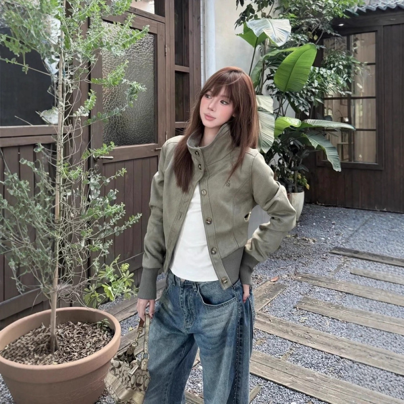 American High Street Stand-Up Collar Suede Jacket for Women in Autum New Slim Fit Design Fashionable Versatile Jacket Top