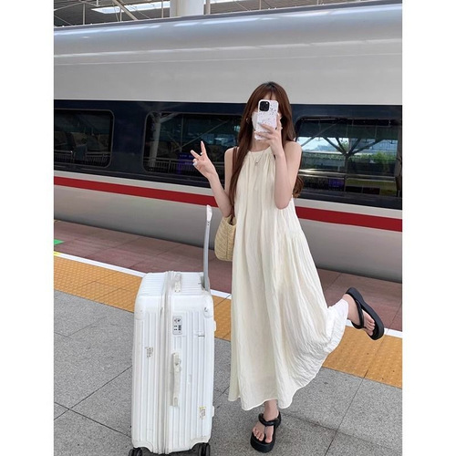 Sweet V-Neck Blouse Dress Fairy Summer 2025 New Pure Color Dress Sleeveless Elegant A-Line Long Dress
