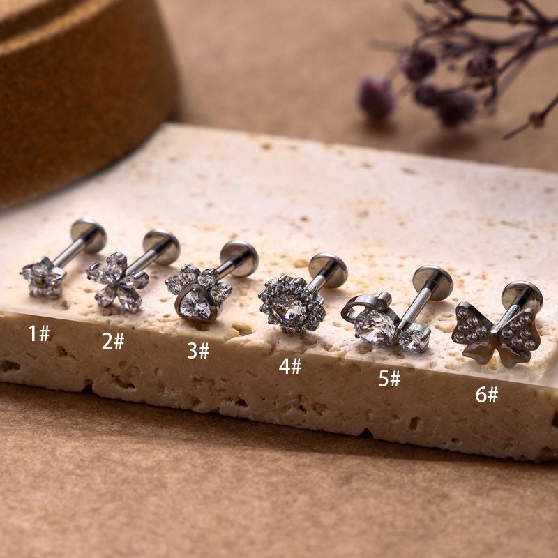 1 Piece Ear Cartilage Rings & Studs Basic Classic Style Flower Bow Knot Titanium Plating Inlay Zircon Lip Rings Ear Cartilage Rings & Studs display picture 2