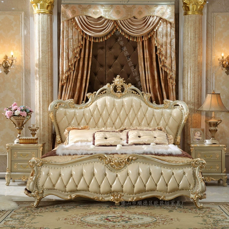 Роскошная двуспальная кровать в европейском стиле из натуральной кожи, большая кровать из натуральной кожи высшего качества для главной спальни, большая кровать для виллы, двуспальная кровать из массива дерева в американском стиле 2m