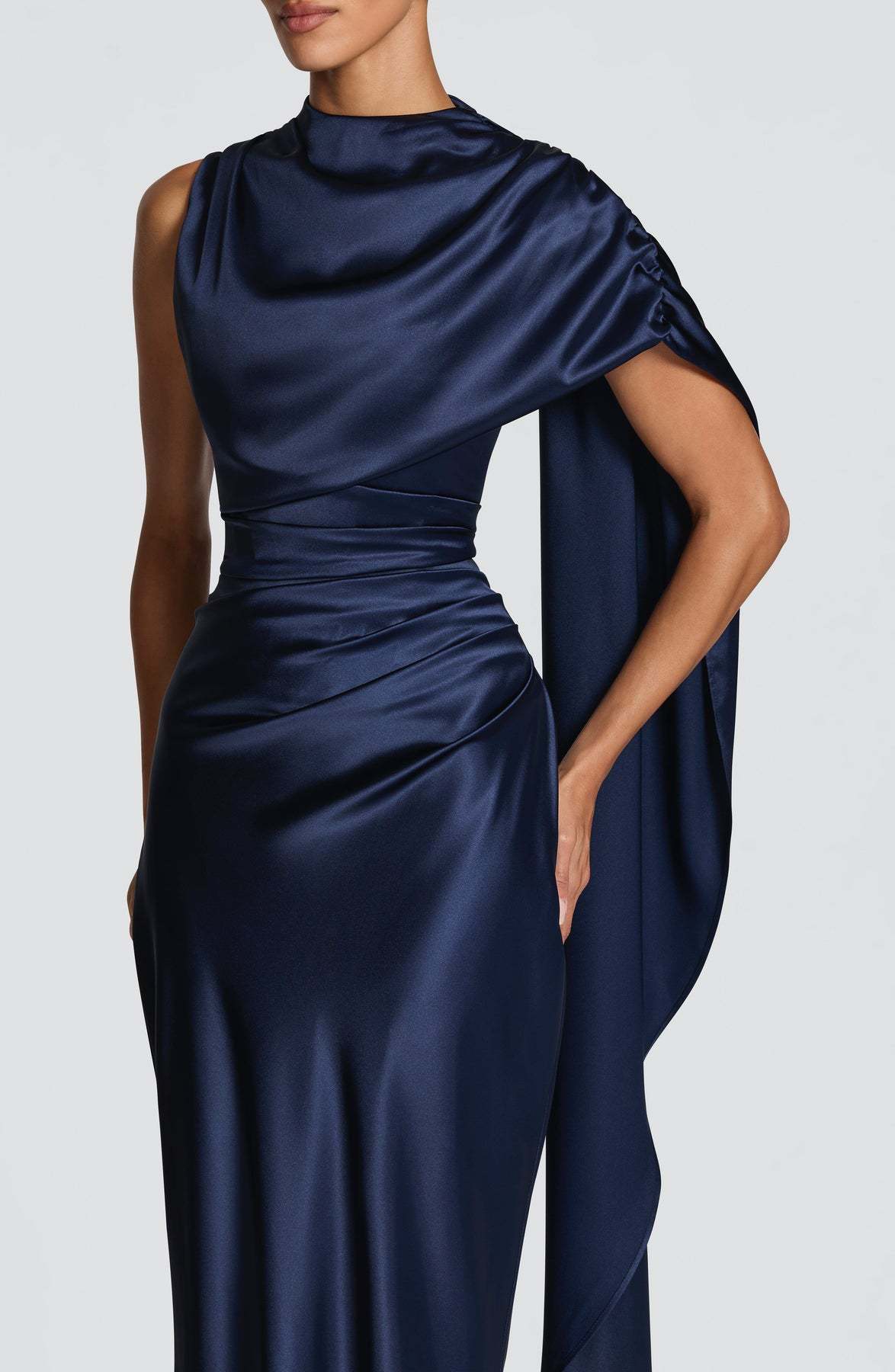 Women's Satin Turtleneck Dress With Ribbon Decoration For Evening_voghion.com