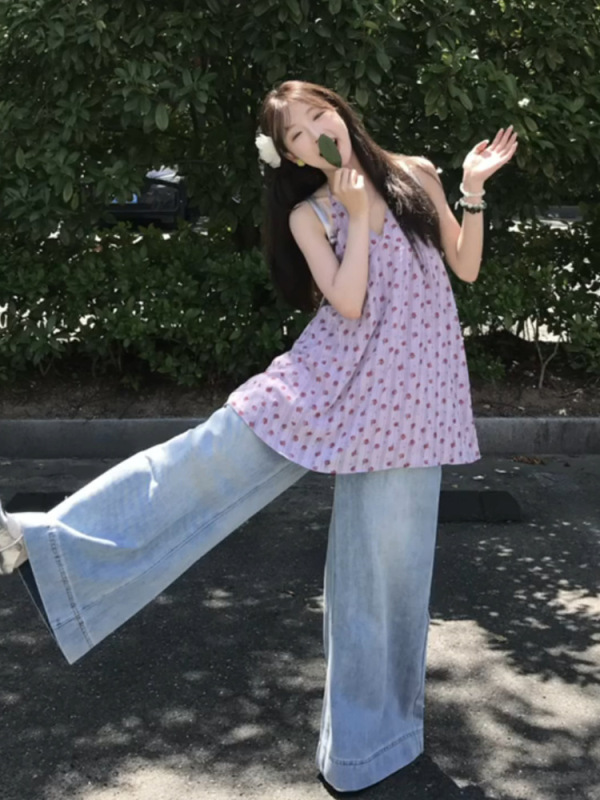 美式复古浅蓝色高腰阔腿牛仔裤女夏季薄款小个子宽松显瘦直筒长裤|undefined