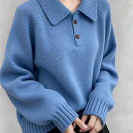 女装韩版新款蓝色Polo翻领毛衣秋冬厚实宽松针织衫上衣