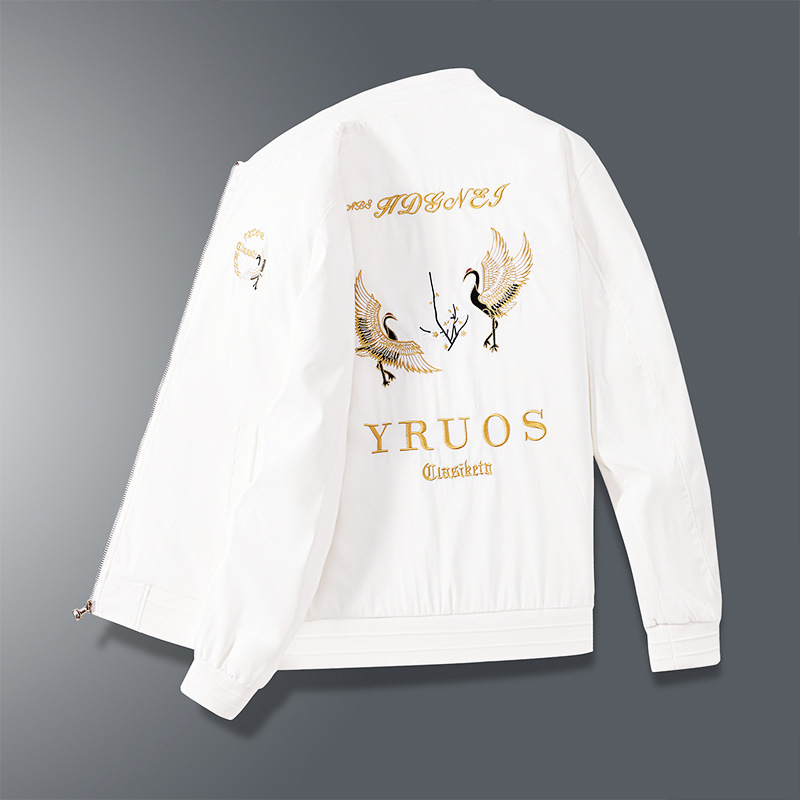 Spring and Autumn Men's Slim-fit Fashion Trend Lightweight Casual Baseball Collar Double Crane Boutique Embroidered Chinese Style Jacket