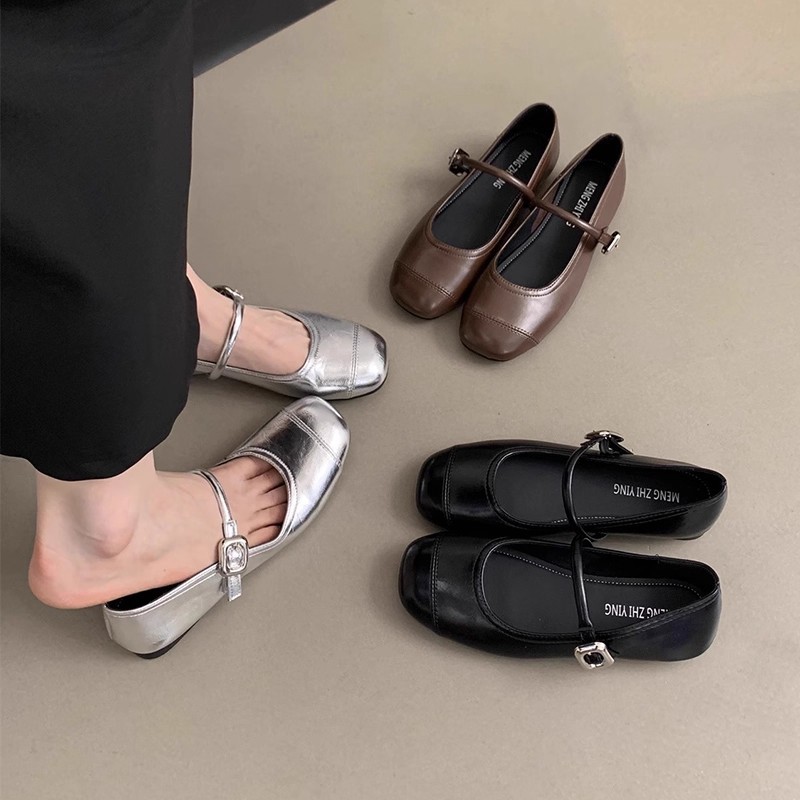 方头浅口百搭平底银色玛丽珍单鞋女2025新款夏季法式配裙子小皮鞋