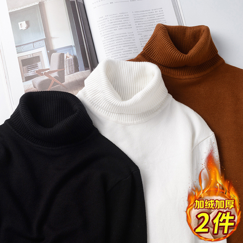 Turtleneck Sweater Men's fleece-lined Autumn and Winter New Inner Thickened Knitted Sweater Long Collar Warm Lapel Wool Clothes