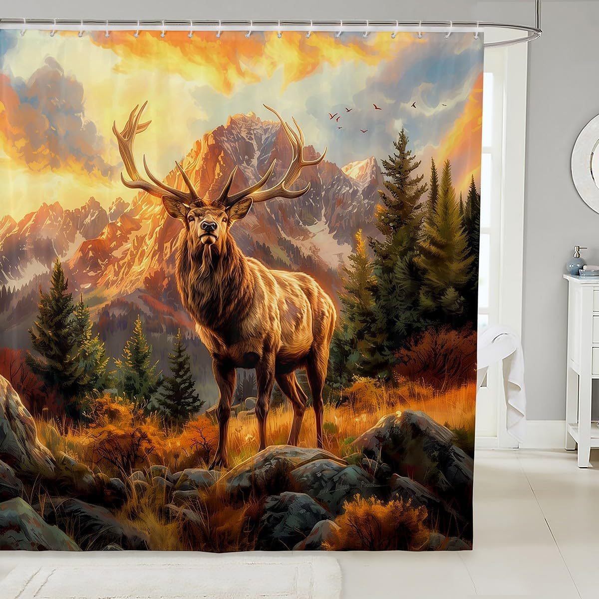 Cross-Border Shower Curtain Hunting Camping Wildlife Elk Digital Printing Bathroom Toilet Waterproof and Mildew-Proof Partition Curtain
