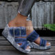 Cross-border foreign trade plus size 2023 Summer frayed one-strap buckle peep toe wedge platform printed women's sandals wholesale