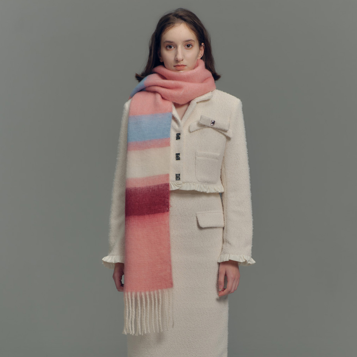 Designer-Schal mit Fransen aus Kaschmirimitat in Regenbogenfarben mit passenden Streifen für Damen im Herbst-/Winter-Stil mit weichem, verlängertem Halsausschnitt_voghion.com