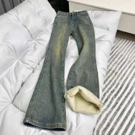 加绒加厚复古蓝直筒牛仔裤女冬季高腰遮胯弹力显瘦微喇马蹄裤长裤