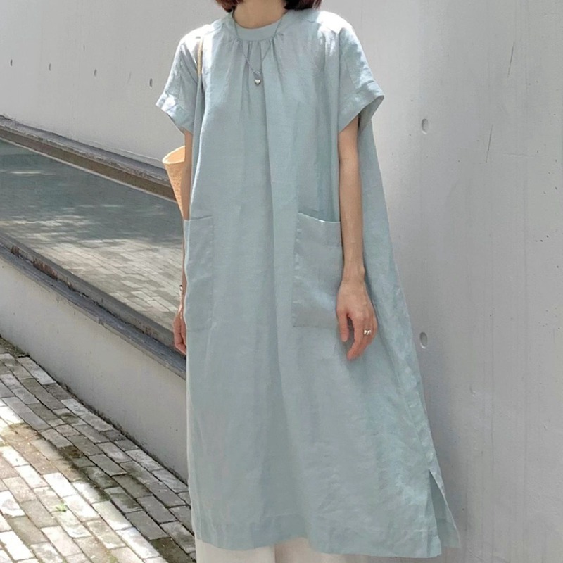 2024 Summer New Japanese French Elegant Lazy Large Pocket Round Neck Dress Artistic Style Long Robe_ecoleips.com
