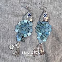 手作vintager中古蓝色圆片鱼鳞银鱼夸张耳钩女独特小众耳饰耳环