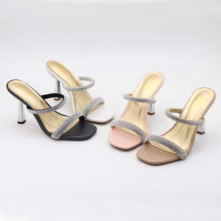 Cross-Border 2025 New Summer Sexy Outer Wear Square Toe Rhinestone Stiletto Sandals Versatile Pure Color Large Size Women's Shoes