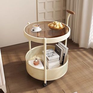 Retro Mid-Century Style Movable Sofa Side Table Balcony Small Tea Table High-End Bedside Side Cabinet Small Coffee Table Trolley