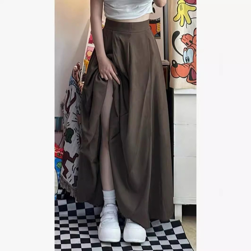 [Original Practice with Zipper] Brown High Waist Umbrella Skirt Skirt Women's Autumn and Winter Hepburn Style Dipped Suit Skirt