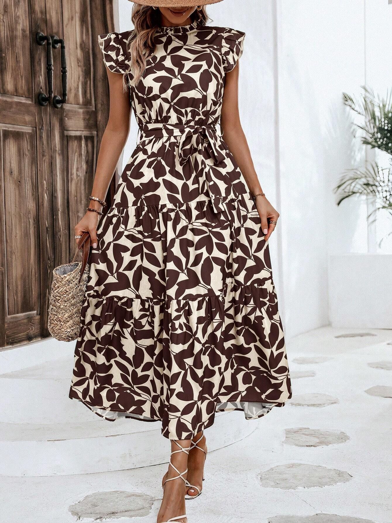 350g Weight Midi Dress Dress Length Type Sleeveless Sleeve Length Swing Dress Dresses Type Flounce Sleeve Sleeve Type Polyester Fabric Type High Waist Waist Line Holiday, Daily Occasion Standing Collar Neckline Slim Fit Type Leaf Pattern Summer Season Women's Gender Printing Design Elegant, Streetwear Style Wholesale Women's Elegant Streetwear Printing Leaf Holiday Daily Standing Collar Sleeveless Swing Dress 10