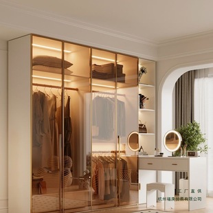 Wardrobe New Model 2025 Solid Wood Light Luxury Home Bedroom Glass Door Cloakroom Desk Assembly Large Wardrobe Silk Flower
