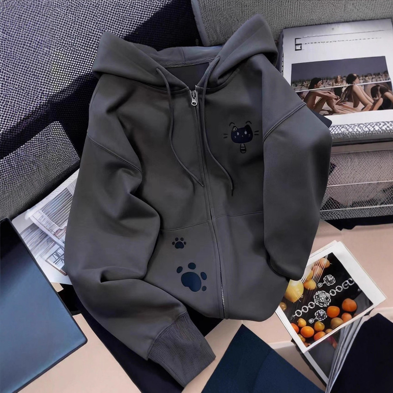 2025 Niche Lazy Style Chic Versatile Fun Cat Cardigan Sweatshirt Women's Autumn and Winter Velvet Top Jacket Trendy