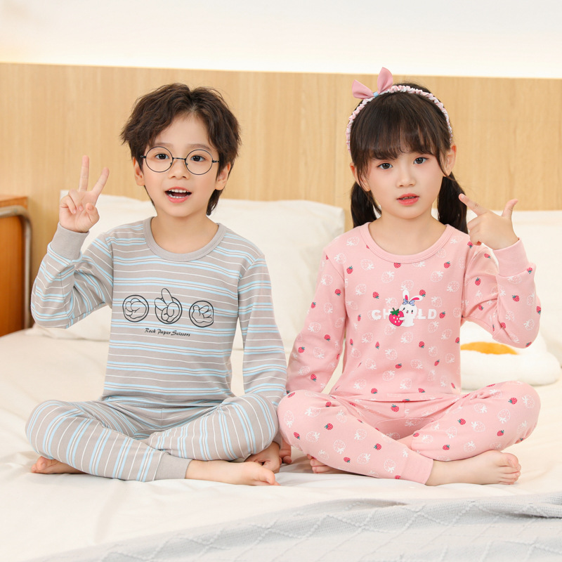 어린이 가을옷 세트, 큰 아이들을 위한 순면 보온 속옷, 여자아이 잠옷, 가을 겨울 남녀 공용 만화 프린트