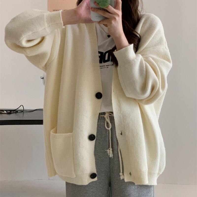 秋と冬の新しいクロスボーダー大きいサイズの女性用セーターカーディガン、柔らかくワックスのようなルーズなレイジースタイルの無地ニットのデザイン|undefined