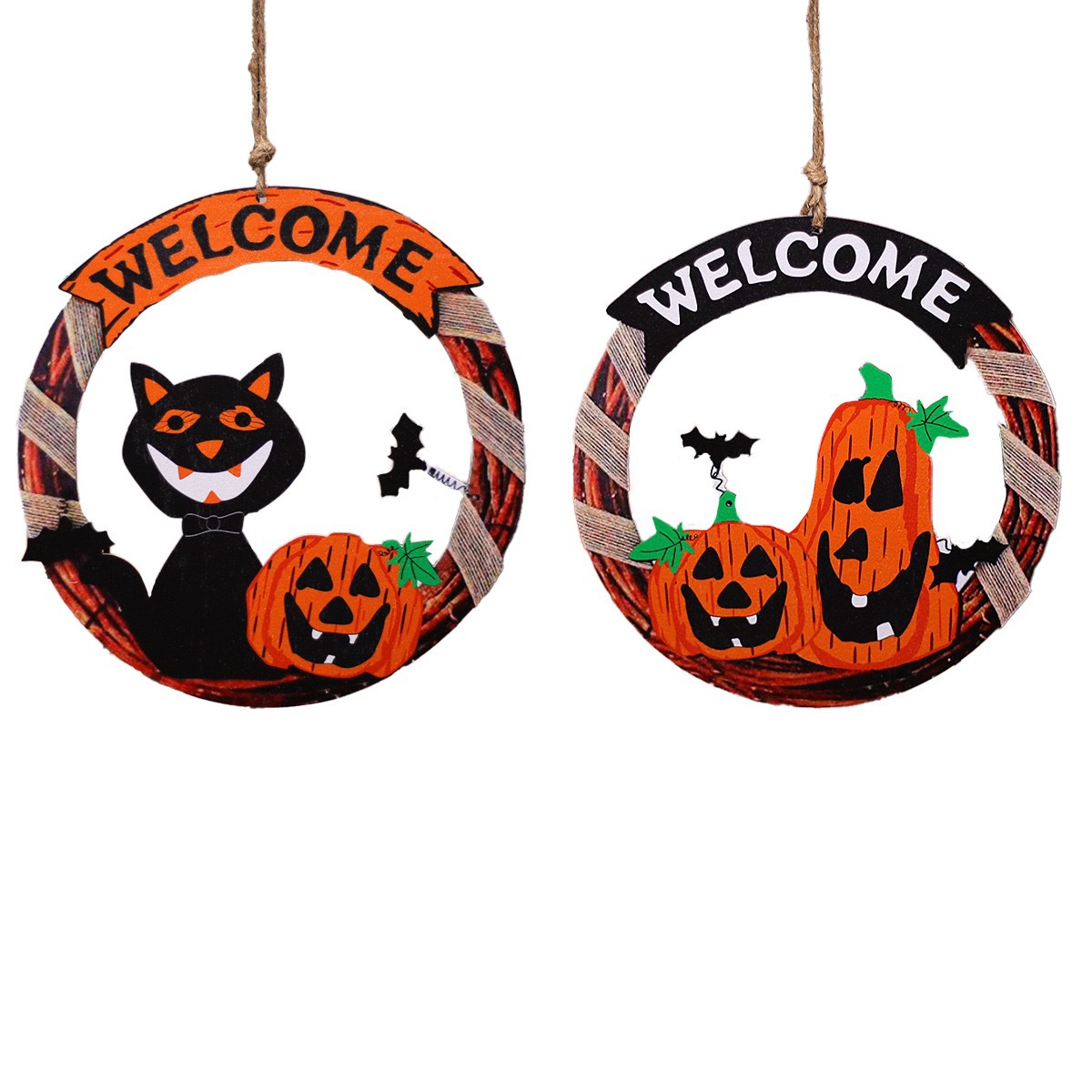 Tarjeta de bienvenida del festival de fantasmas guirnaldas de flores de madera calabaza de Halloween cementerio de gatos negros castillo fantasmas artículos de vestuario