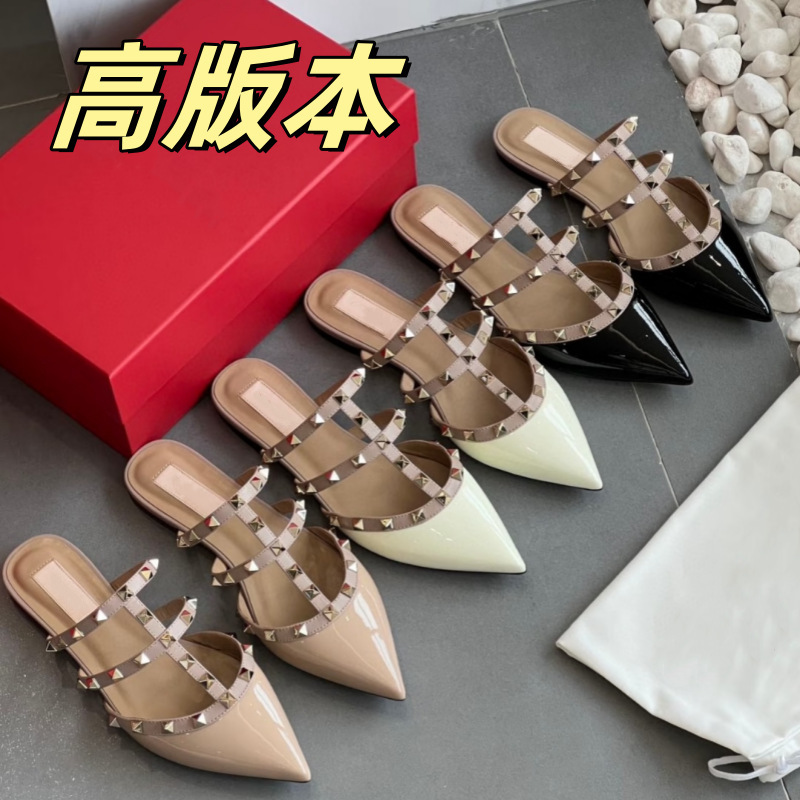 High Version V Brand Half Slippers Closed-Toe Women's New Pointed Toe Studded Flat Slippers for Outdoor Wear Fashionable Versatile Sandals for Women