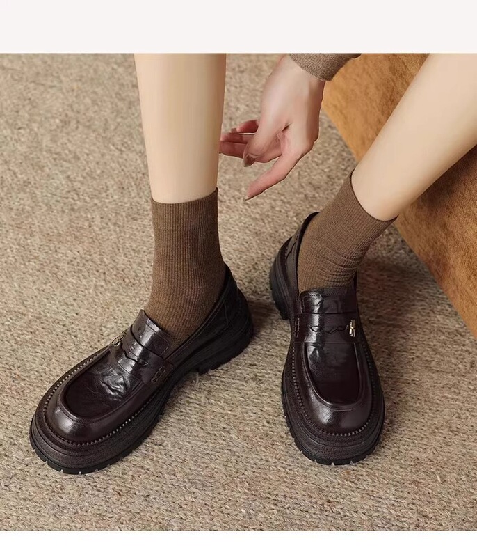法式软羊皮厚底单鞋女2025春秋季新款英伦风黑色真皮一脚蹬乐福鞋|undefined