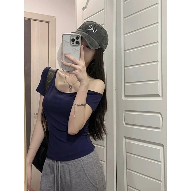 Sexy Hot Girl Slanted Collar Off-Shoulder Short-Sleeve T-Shirt for Women 2026 Summer New Slim Fit Short Versatile Top Trendy