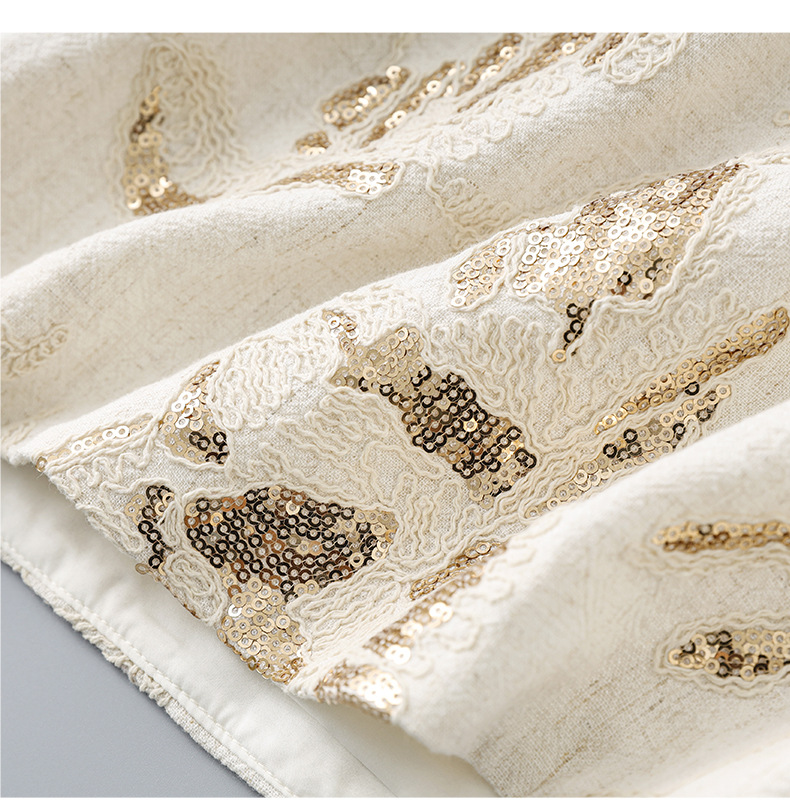 Váy ngắn tay nữ cổ tròn thêu sequin nặng phong cách phương Tây — Màu be chi tiết 19