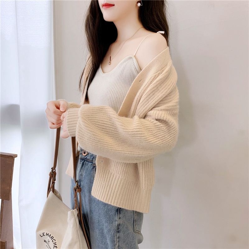 French V-Neck Candy Color Long Sleeve Cardigan Women's Loose Knit Sweater Coat Casual Elegant Outerwear_ecoleips.com