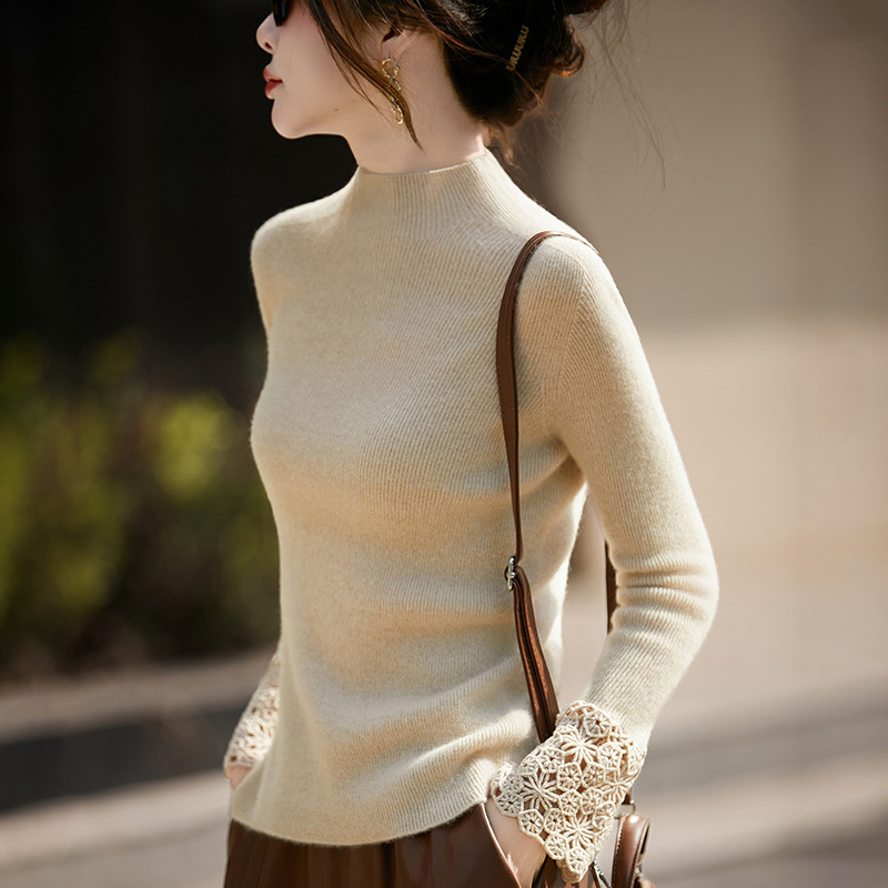 Crochet Slim-Fit High-Elastic 100% Pure Wool Sweater for Women, Slim-Fit Sweater, 2026 Autumn and Winter Half-Turtleneck Knitted Base Layer