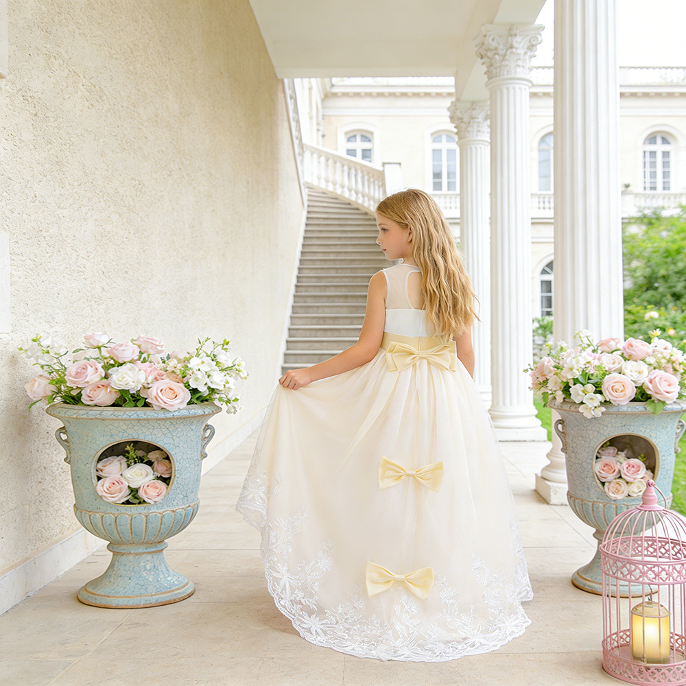 Vestido de princesa para niñas, nuevo modelo 2026 de Amazon, vestido de boda bordado para niñas, vestido largo con lazo y cola, vestido de noche