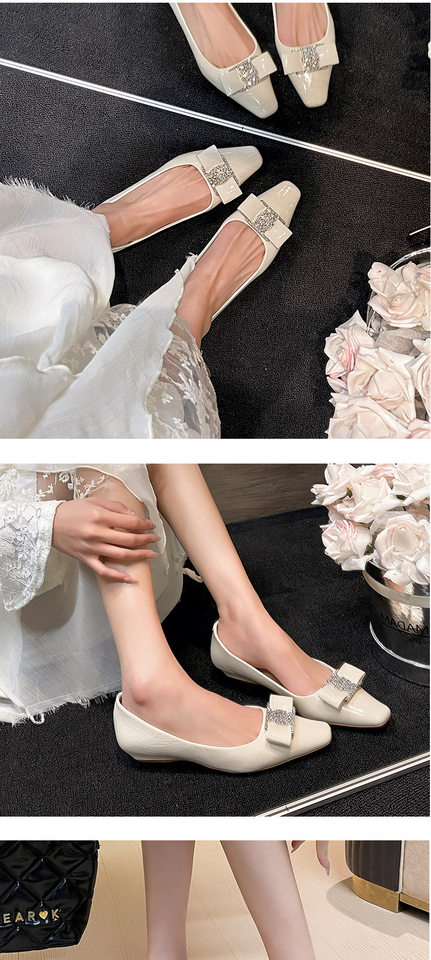 Giày búp bê nữ mũi vuông đế xuồng gót 3-6 cm đính pha lê thắt nơ — Màu trắng be, Màu đen, Màu đỏ rượu chi tiết 5