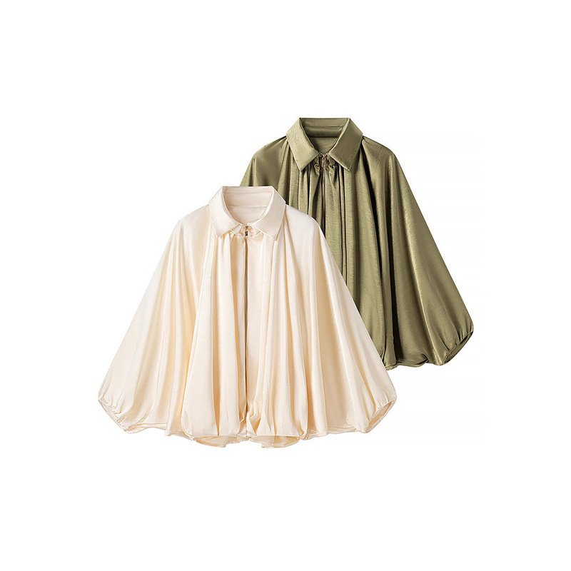 Women's New Style Fashionable Casual Simple Pleated Satin Puffy Bomber Loose Jacket Zipper Jacket for Women