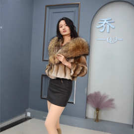 新款麝鼠皮草外套貉子毛领带帽女款外套时尚奢华保暖