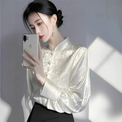 2025春秋新作新中国式ラウンドシャツ女性文芸レトロなサテンのジャカードの上着