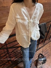 设计师款蕾丝拼接系带亚麻衬衫极简V领设计+高密度刺绣花边146