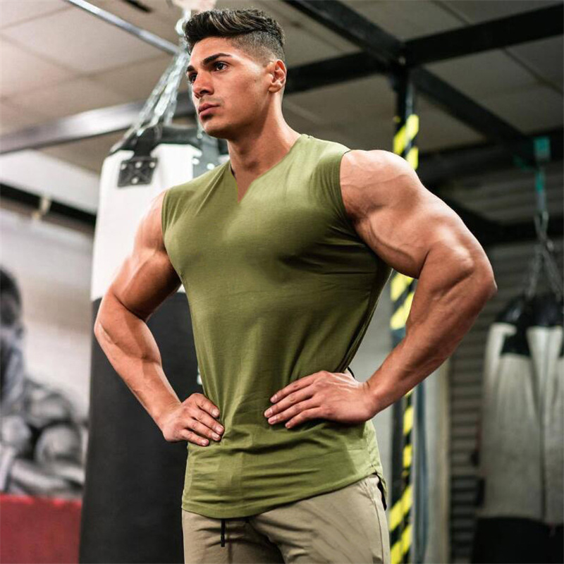 Tablero de luz de comercio exterior color sólido verano pequeño cuello en v chaleco deportivo culturismo de los hombres fitness camiseta sin mangas correr entrenamiento superior algodón