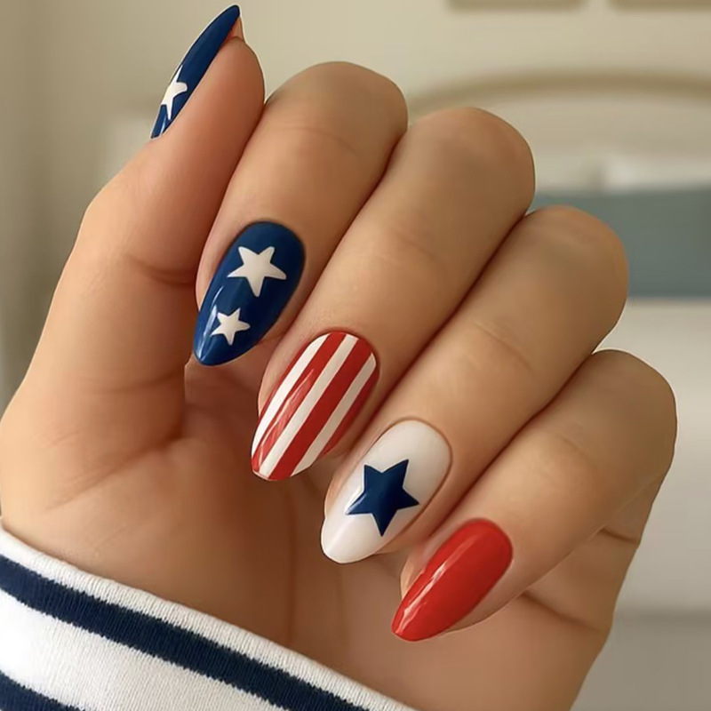 Independence Day Nail Stickers Almond-Shaped White and Blue Stars White and Red Striped Blue Wearable Nail Pieces