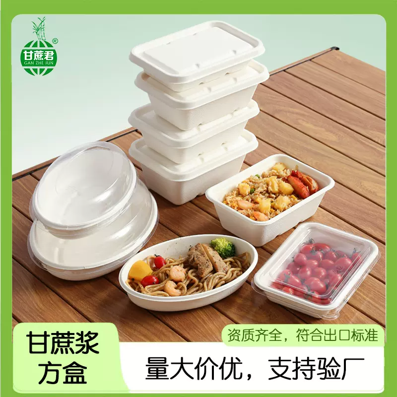 一次性甘蔗浆餐具可降解方盒打包盒外卖野餐沙拉纸浆餐盒便当盒