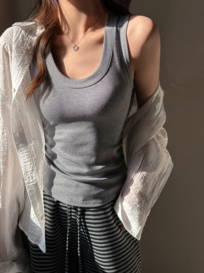 Ribbed Cotton Sleeveless Camisole for Women, Solid Color, Can Be Worn as an Outer Layer, Ruched Waist, Slimming U-Neck Top