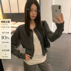 宋正恩深灰色短款针织开衫外套女秋季2025年韩系早秋穿搭长袖上衣
